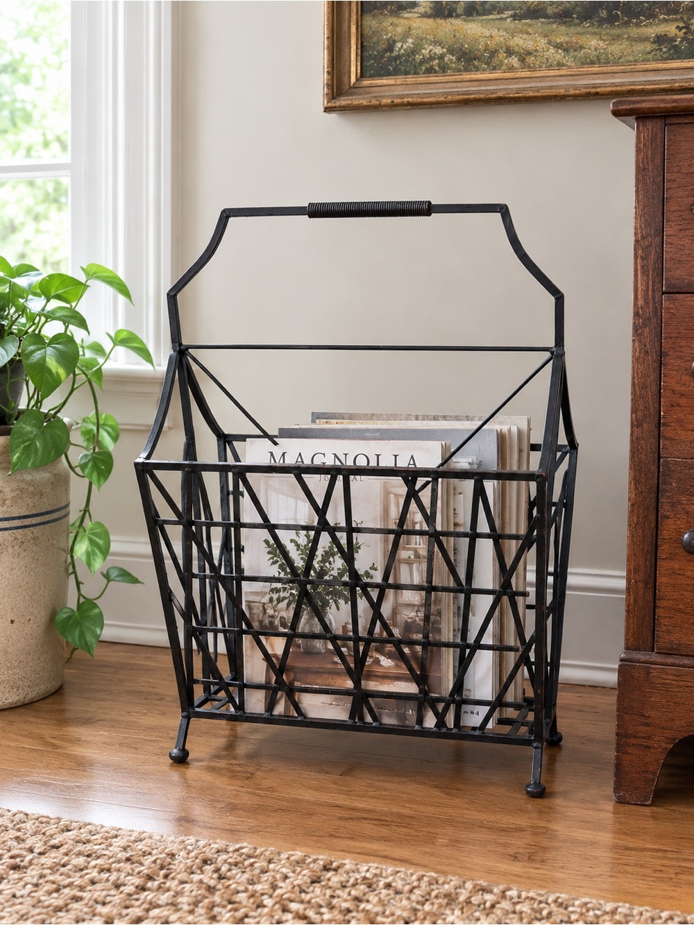 Vintage Pier 1 Black Metal Magazine Rack - Geometric Catchall